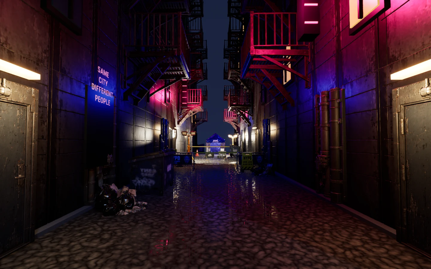 Bait alley entrance in development, with neon-lit fire escapes leading towards the police cordon.