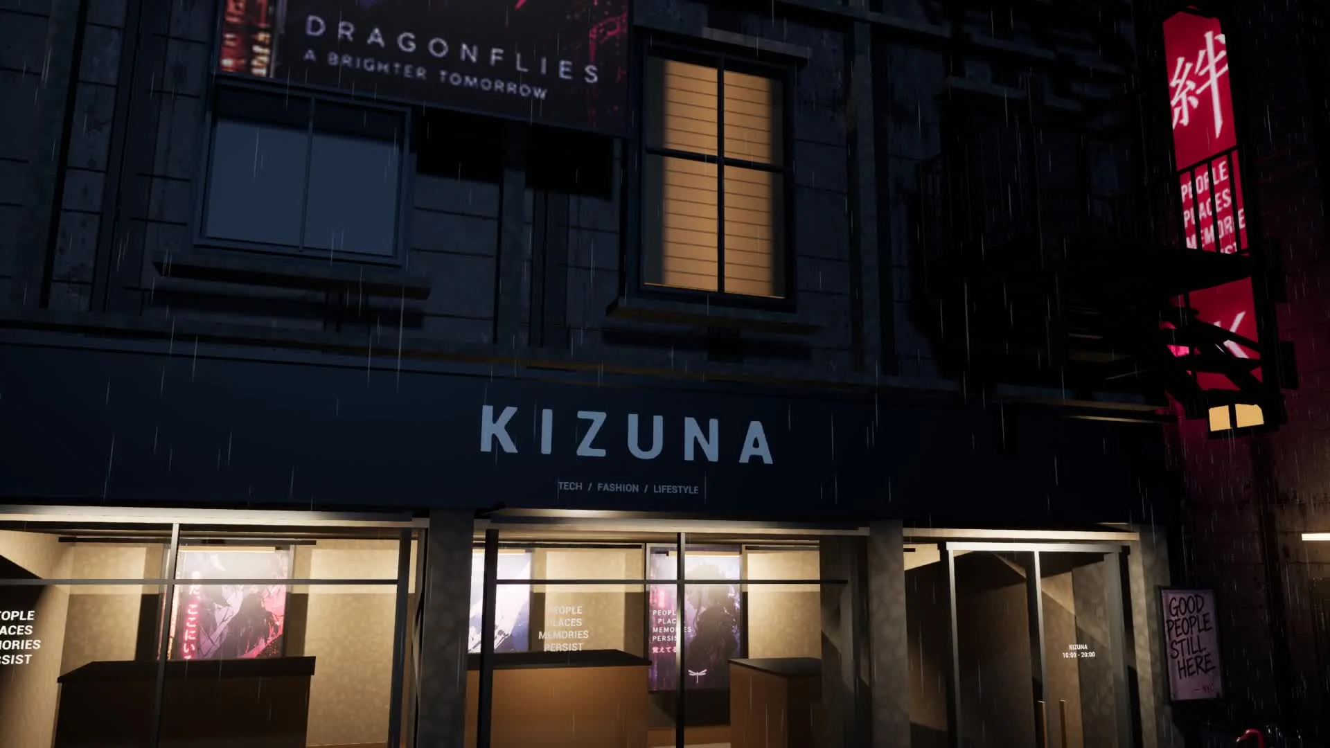 KIZUNA shop frontage at night in the BAIT environment runthrough.