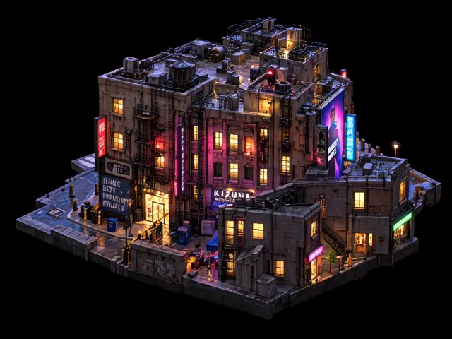 KIZUNA district stage reveal: a compact block of buildings with illuminated shop signs and layered rooftops.
