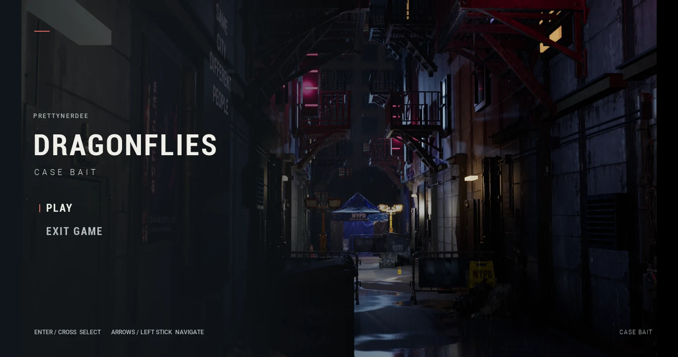 Dragonflies Case Bait main menu showing the alley entrance.