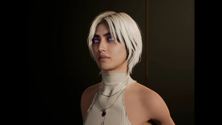 Valerie in her ivory top during a MetaHuman character test, with glowing purple eyes.