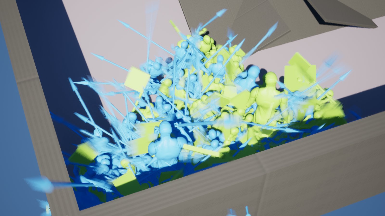 High-angle view of a corner melee in Undivided: blue spearmen and green axe troops pressed against the wall.